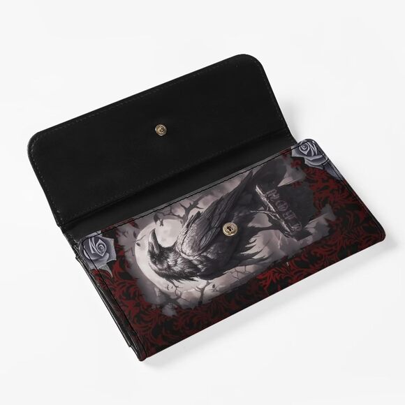 Gothic Raven/Crow Wallet – Black Rose Print with Full Moon and Thorn Detailing - Picture 3 of 6